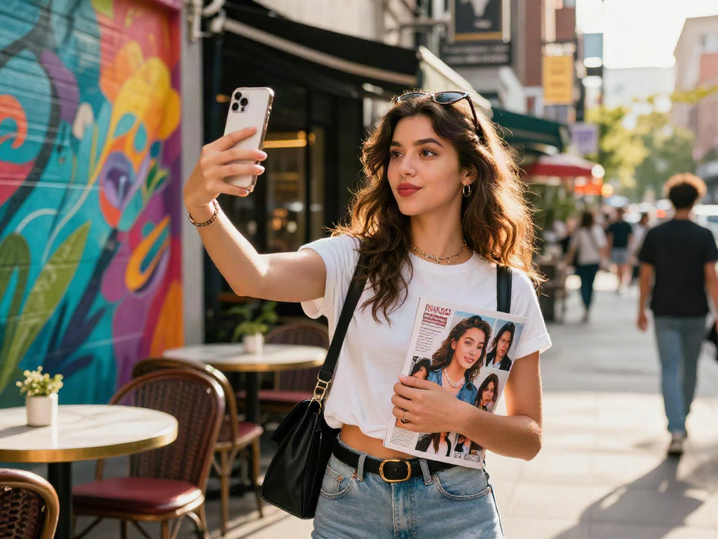 Young woman comparing herself to a celebrity i look like in a vibrant city.