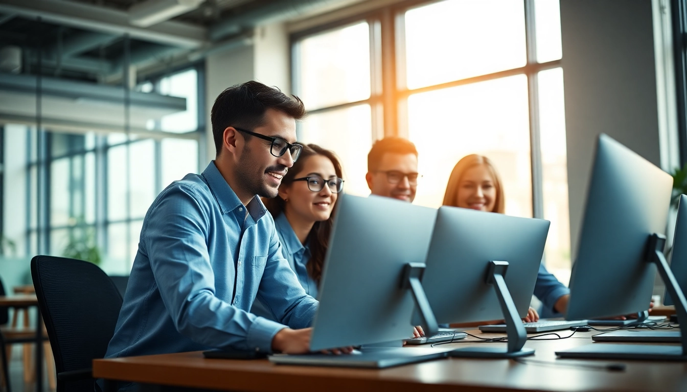 Showcasing a leading digital marketing agency team collaborating effectively in a bright office.