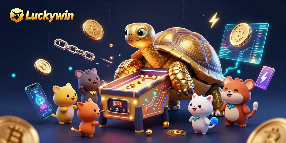 Engage in thrilling gameplay at Luckywin with a vibrant scene filled with energetic characters and crypto elements.
