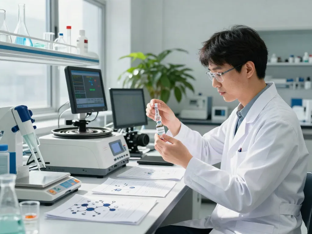 Buy Survodutide in a modern lab setting with researchers measuring precise doses.