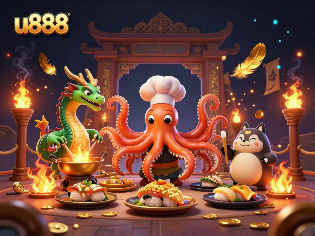 Experience thrilling gameplay at u888 with a vibrant illustration featuring an octopus chef and dragon in a casino atmosphere.