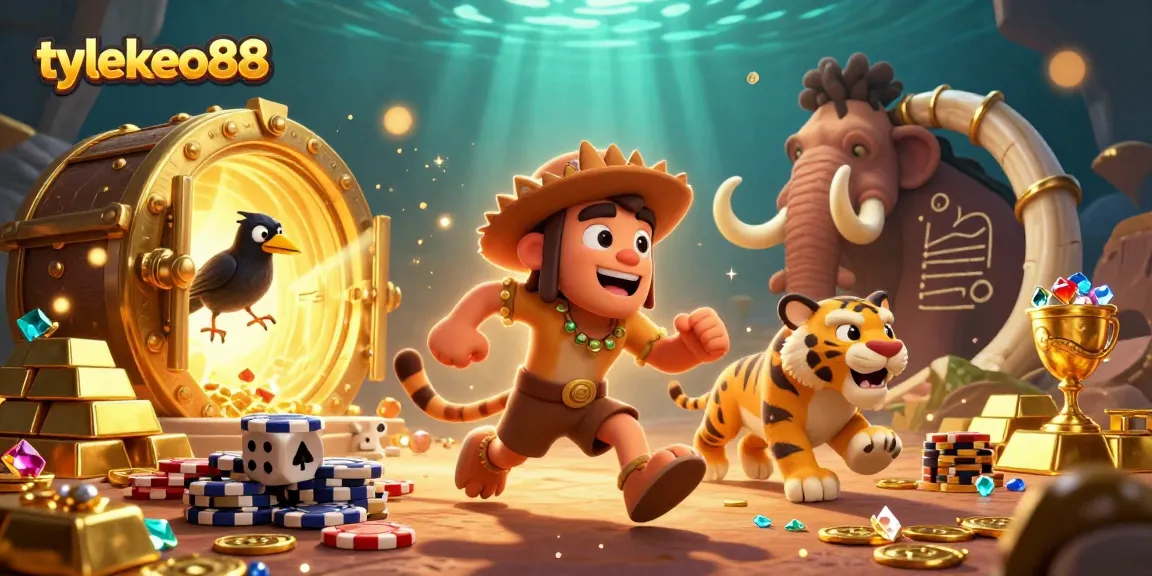 Experience excitement at tylekeo88 with a 3D casino illustration featuring a lively caveman and tiger duo.