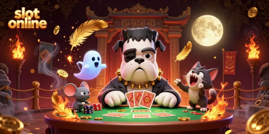Engage with thrilling slot online action featuring a mischievous bulldog, ghost mouse, and werewolf kitten in a rich casino setting.