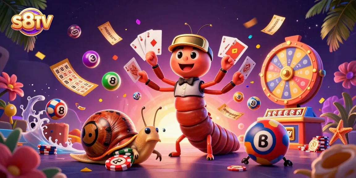S8TV showcases a vibrant 3D scene with a millipede dealer and lottery elements for immersive online gaming.