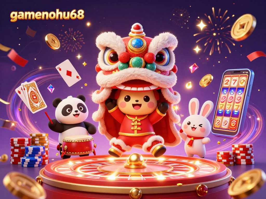 Experience gamenohu68 excitement with vibrant casino elements, festive characters, and dynamic gaming scenery.