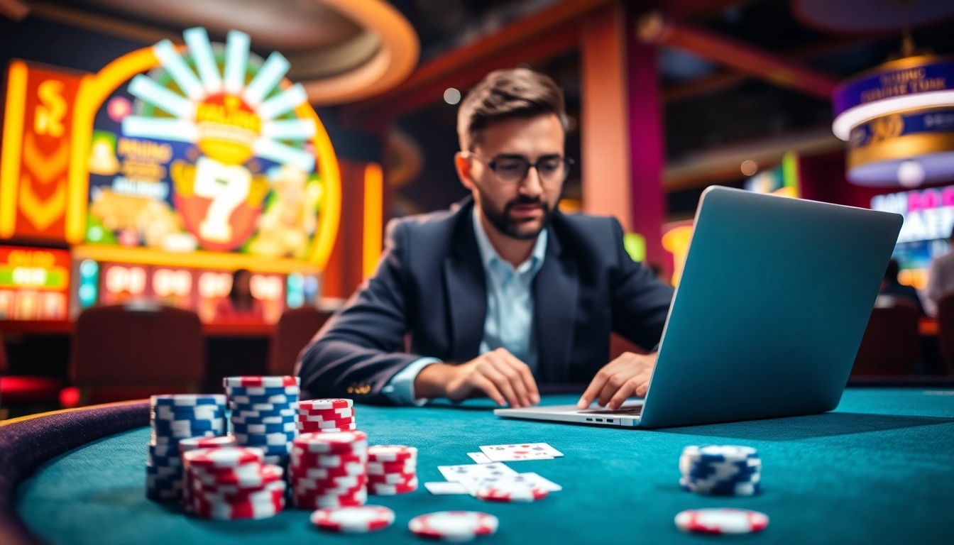 Pistolo casino bonus benutten met een gelukkige speler aan de speeltafel vol chips en kaarten.