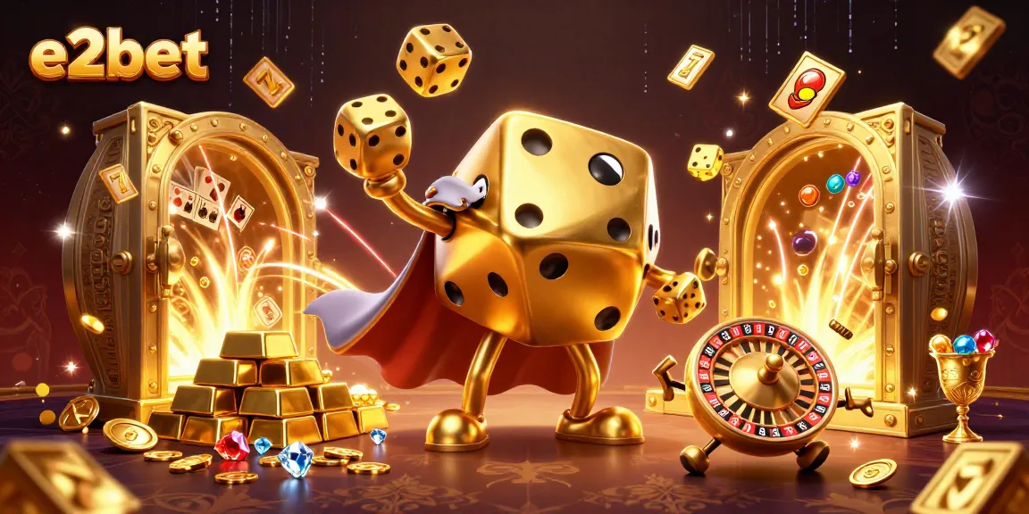 Engage with e2bet's vibrant 3D illustration showcasing casino excitement and golden treasures.