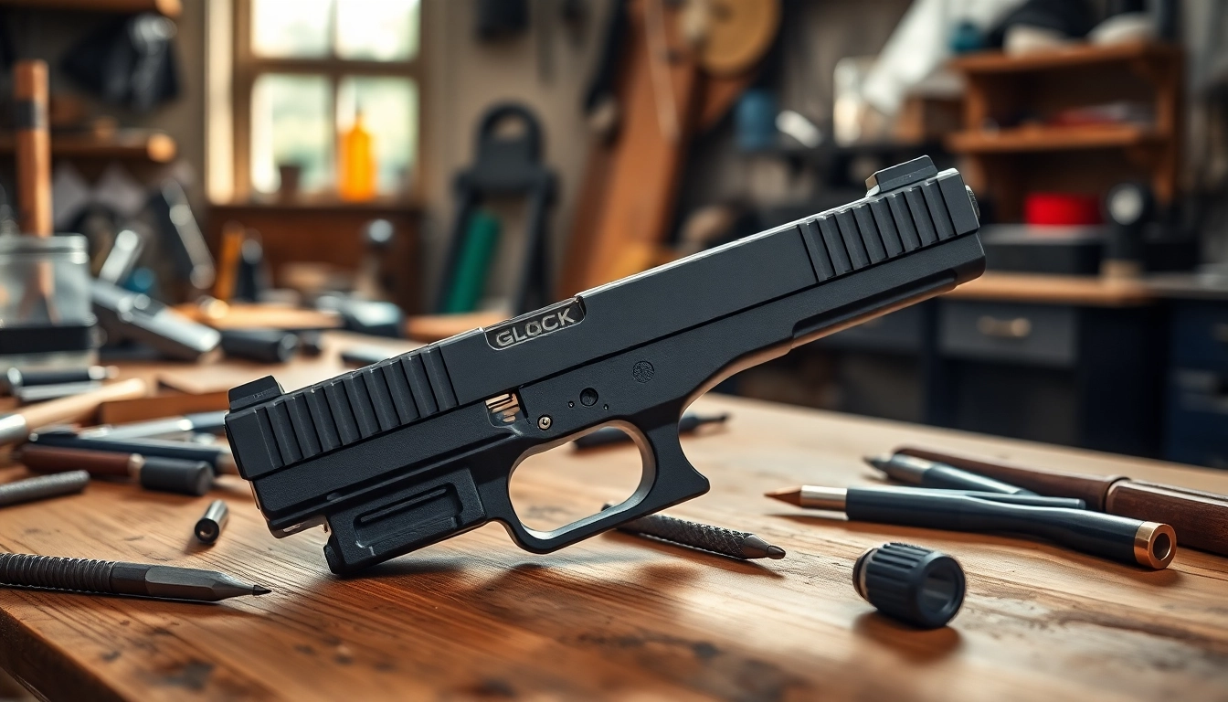 Showcasing glock 17 slides on a workbench, highlighting craftsmanship details and tools.