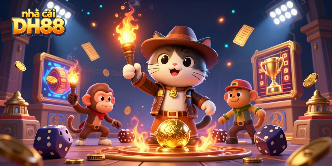 Engage with nhà cái DH88's thrilling slots as an explorer cat discovers golden casino artifacts