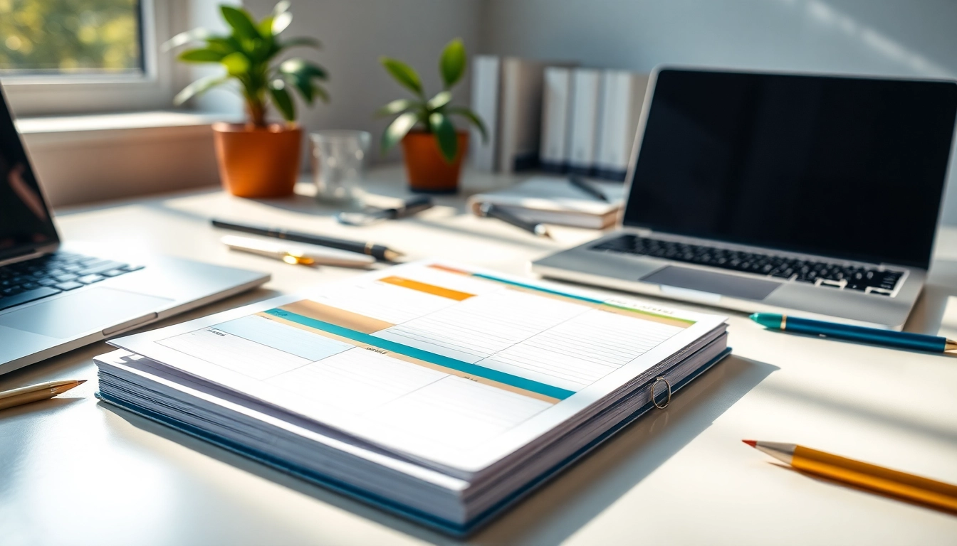 Get Your Free Planner Preview displayed on a modern desk, showcasing an organized workspace with stationery.