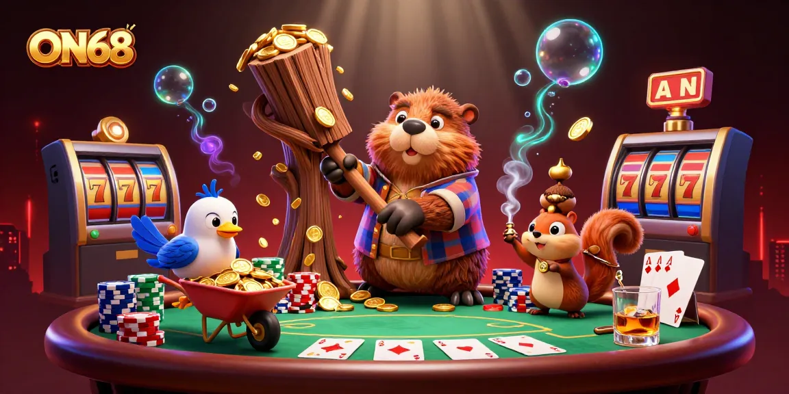 Experience the excitement of ON68 with a beaver collecting golden coins at a lively poker scene.