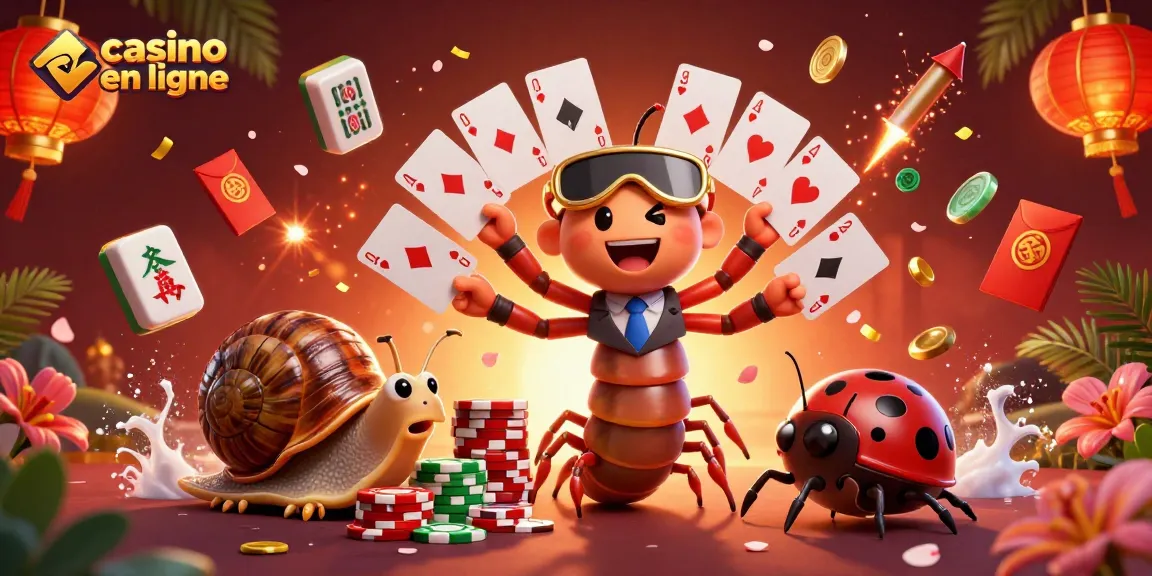 Plongez dans l'univers du casino en ligne avec un dealer millipède et un escargot joueur entourés d'éléments de jeu.