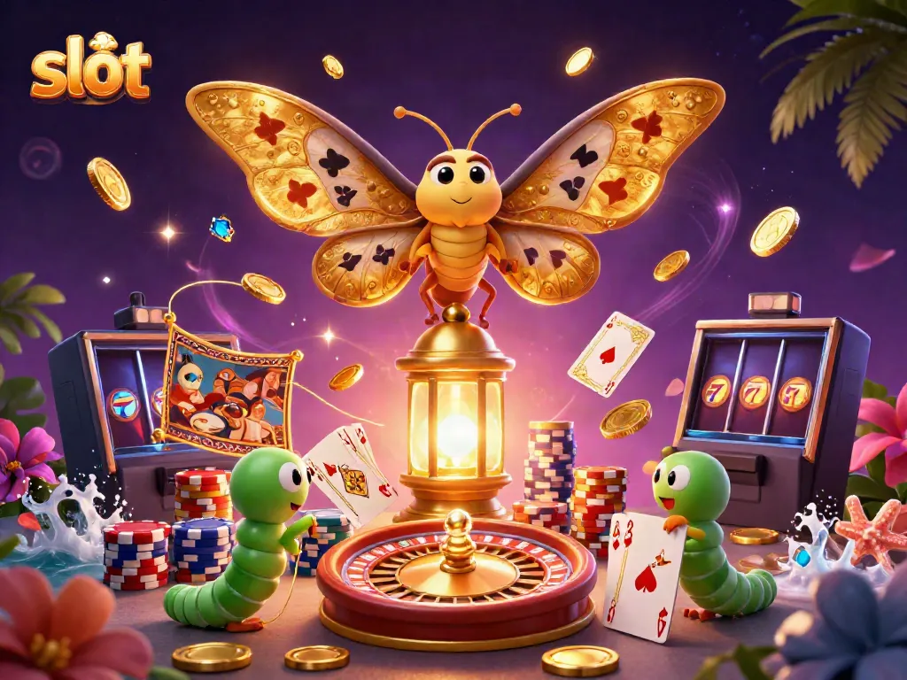 Experience thrilling slot games with our illustrated golden moth and gambling riches.