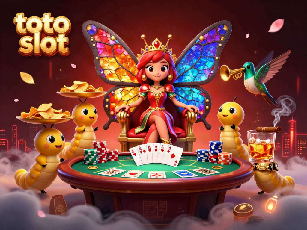 Engage with the thrilling toto slot experience as a butterfly queen oversees a vibrant poker scene.