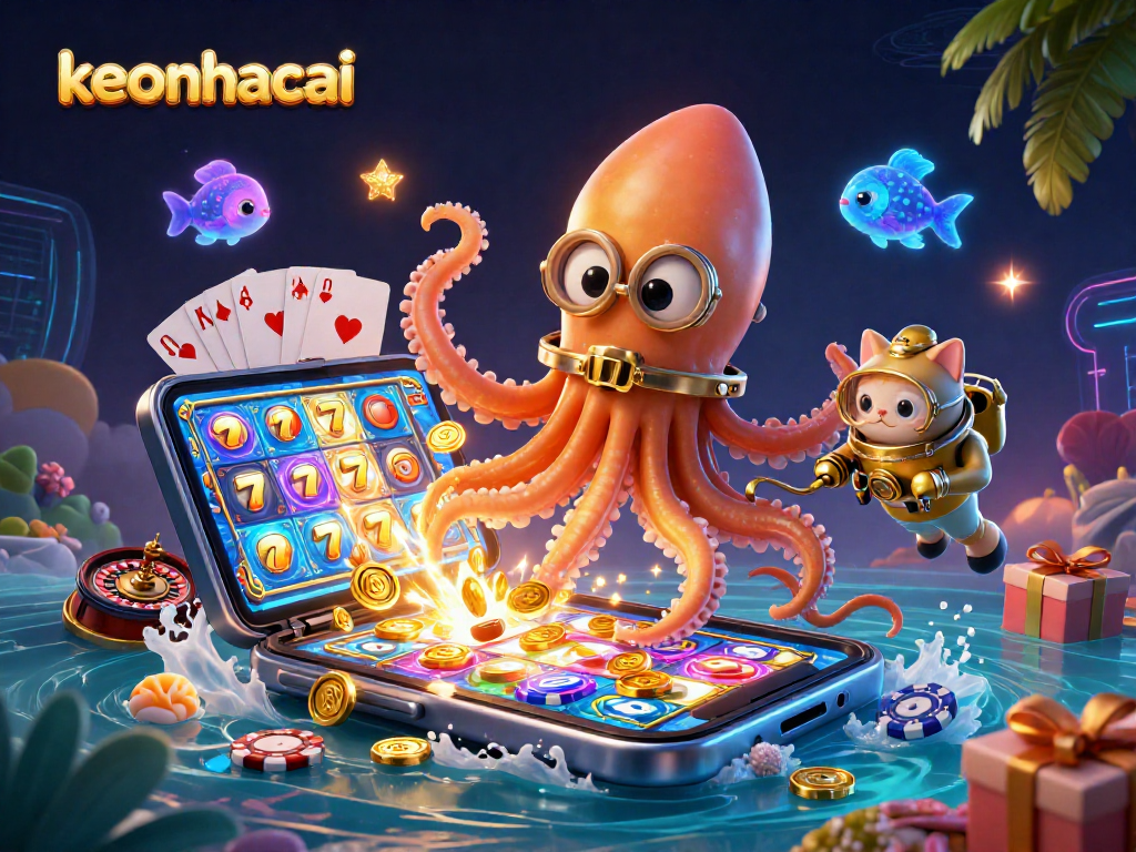 Experience keonhacai action with 3D kraken and diving cat among vibrant casino elements.