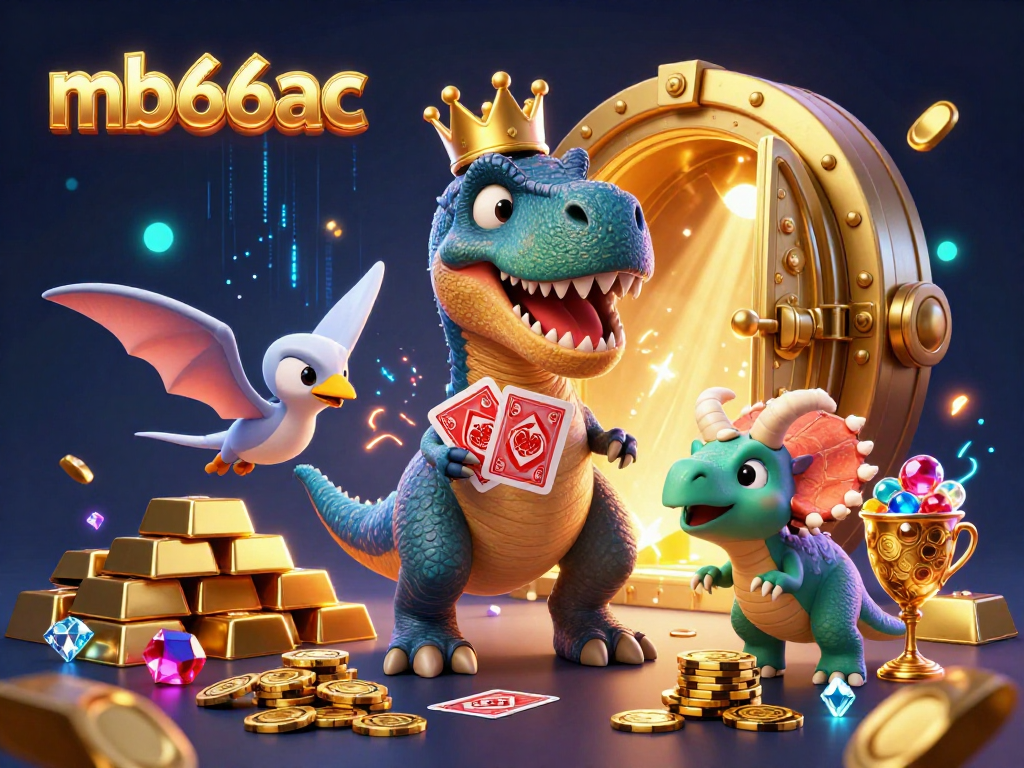 Engage in thrilling gameplay with mb66ac featuring a friendly T-Rex shuffling cards and vibrant casino treasures.
