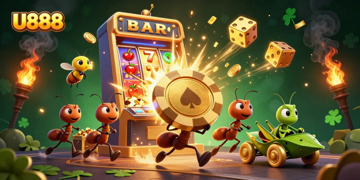 U888 challenges players with a fun heist scene featuring cartoon ants and vibrant casino elements.