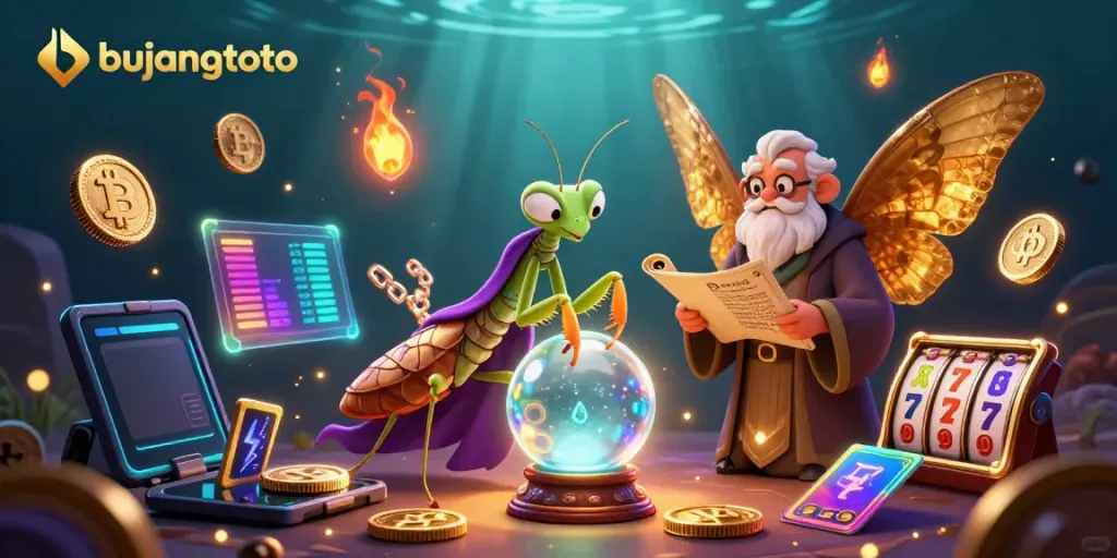 Engage with bujangtoto as a mystical fortune teller alongside a moth librarian in a vibrant gaming scene.