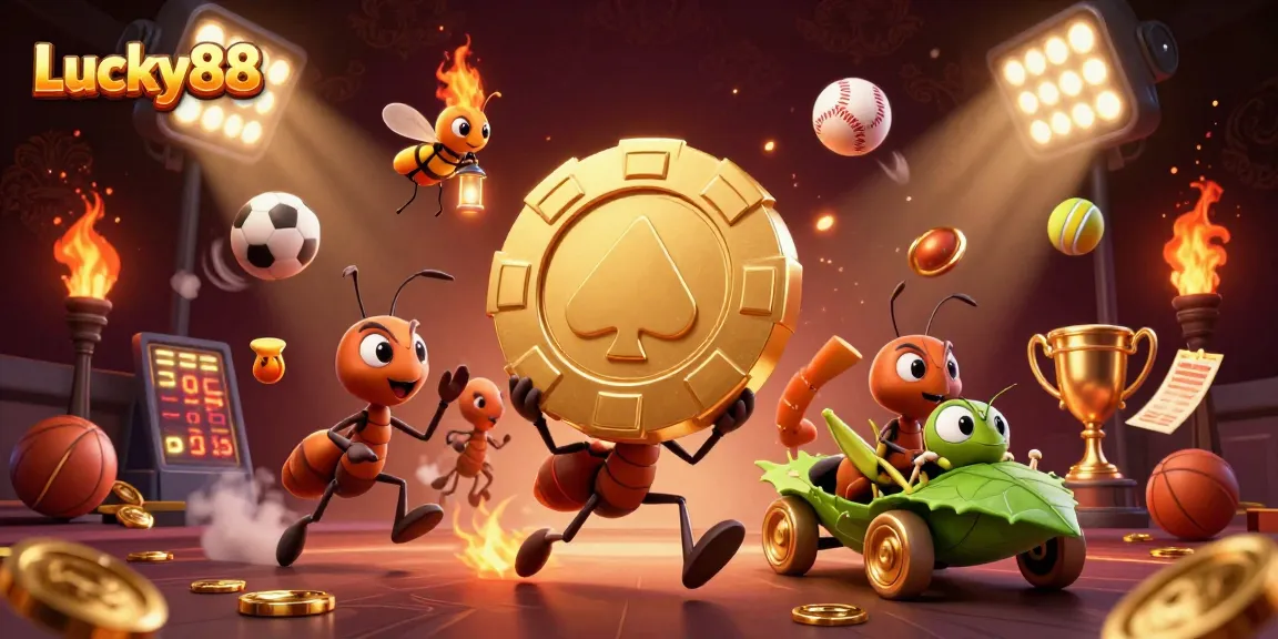 Generate winning strategies with Lucky88 in a vibrant 3D casino illustration featuring ants, sports elements, and dynamic action.