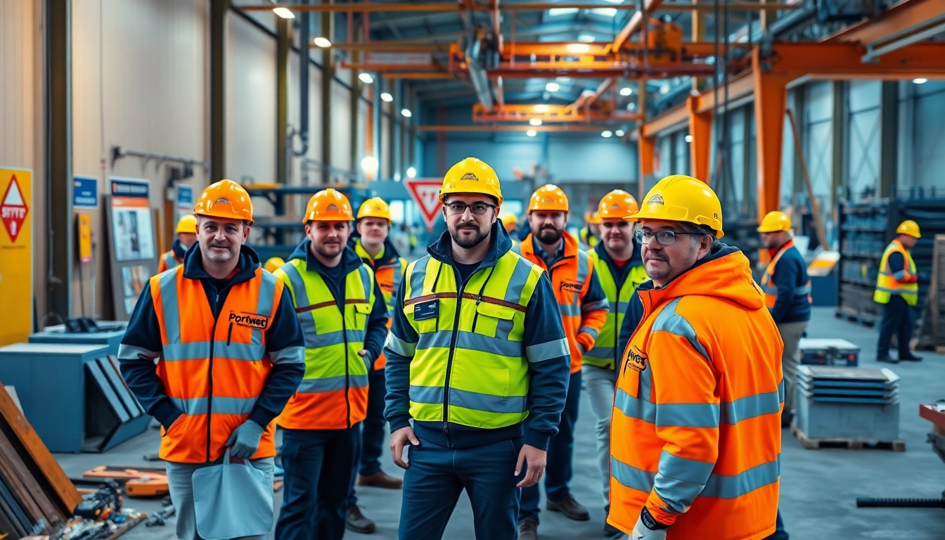 Portwest España employees showcasing high-visibility safety gear during a workday.