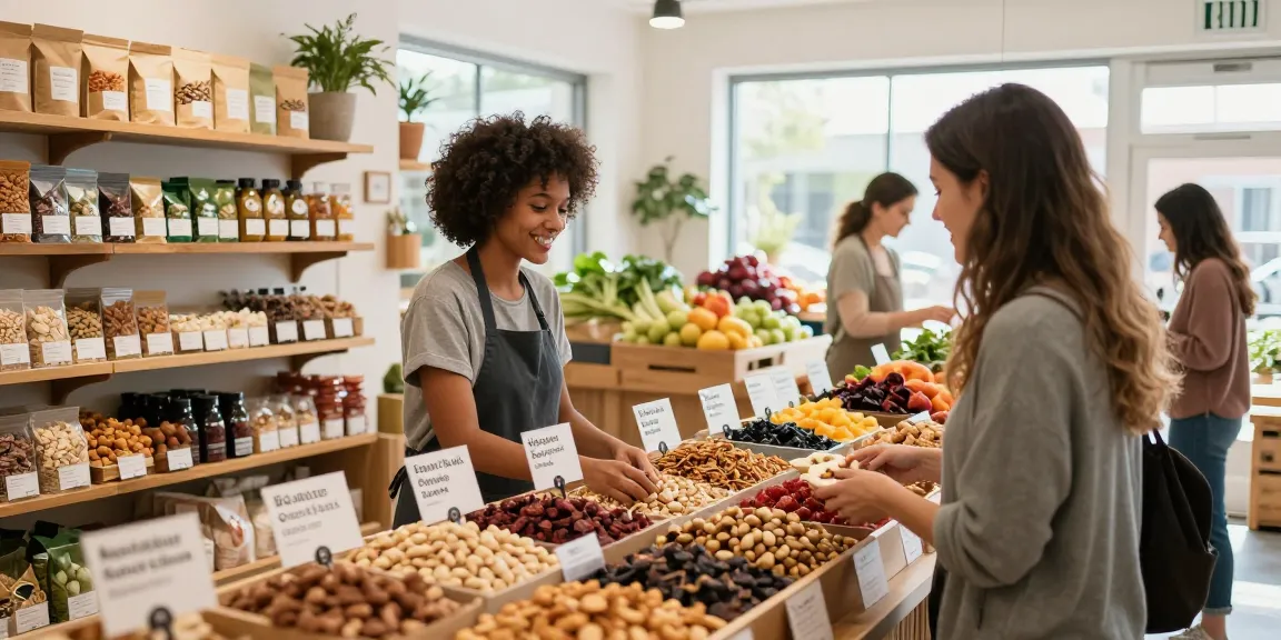 M98 ฝาก-ถอน offers a variety of fresh, natural nuts and dried fruits in a welcoming health store environment.