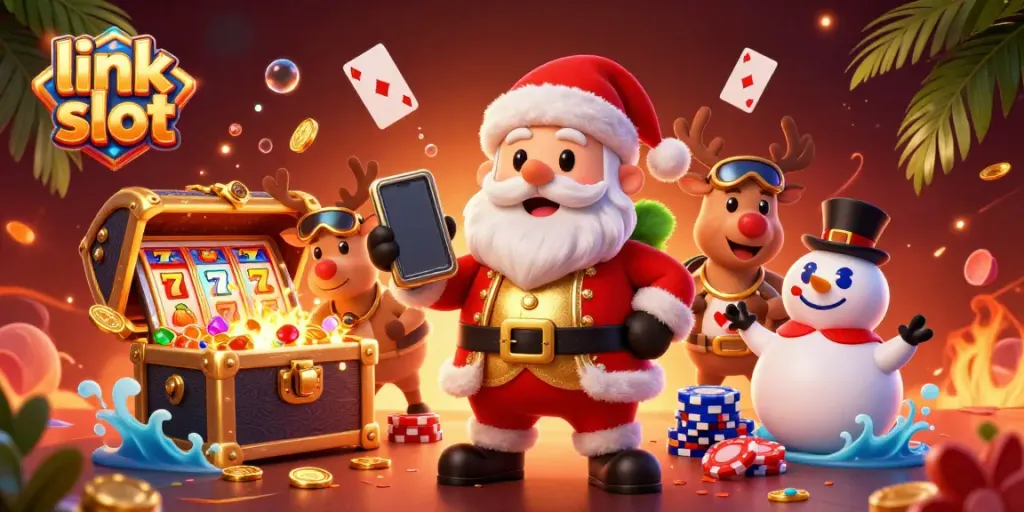 Spin the reels at link slot with Santa and friends celebrating jackpots and casino fun!