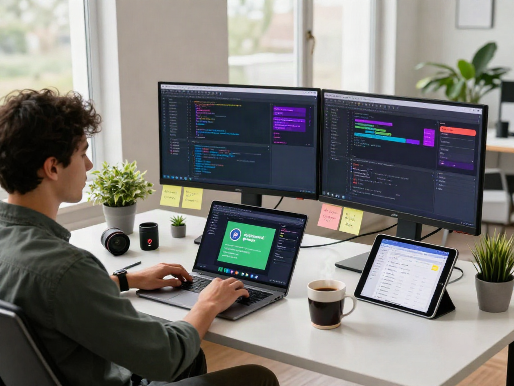 Developer programming gbwhatsapp features at a bright tech workspace with vibrant code displays.