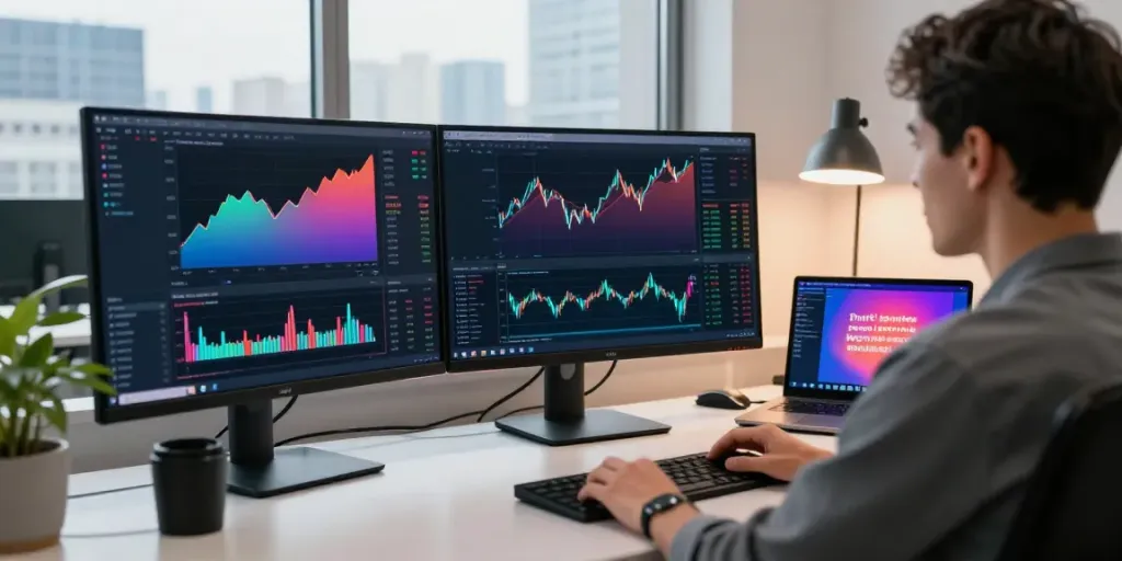 Trading professional analyzing real-time data on MetaTrader 5 in a modern office.