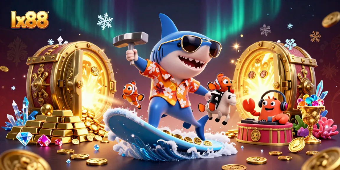 Immerse in the world of lx88 with a playful shark and treasure-filled scene highlighted in dazzling colors.