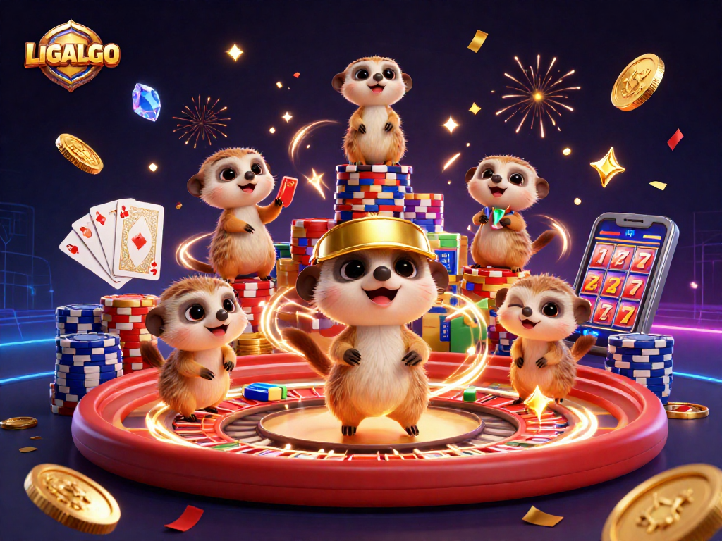 LIGALGO showcases meerkats in a vibrant casino scene, celebrating dynamic wins with coins and colorful poker chips.