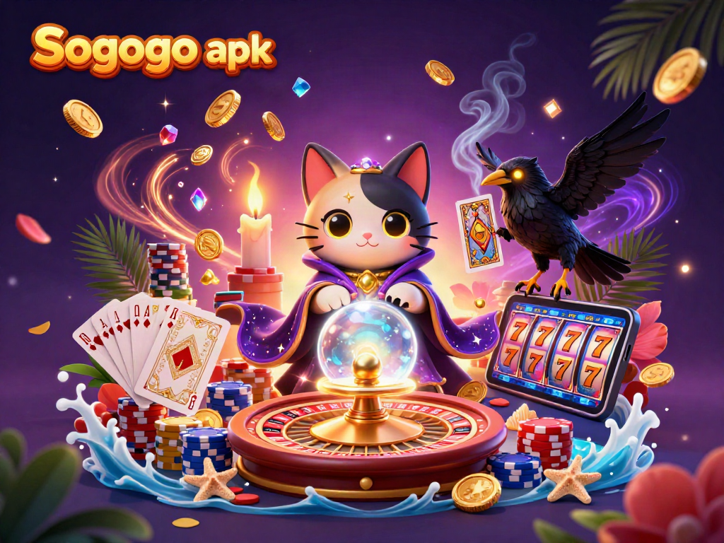 Engage with the Sogogo apk, featuring vibrant casino elements like coins and cards in a stunning 3D illustration.