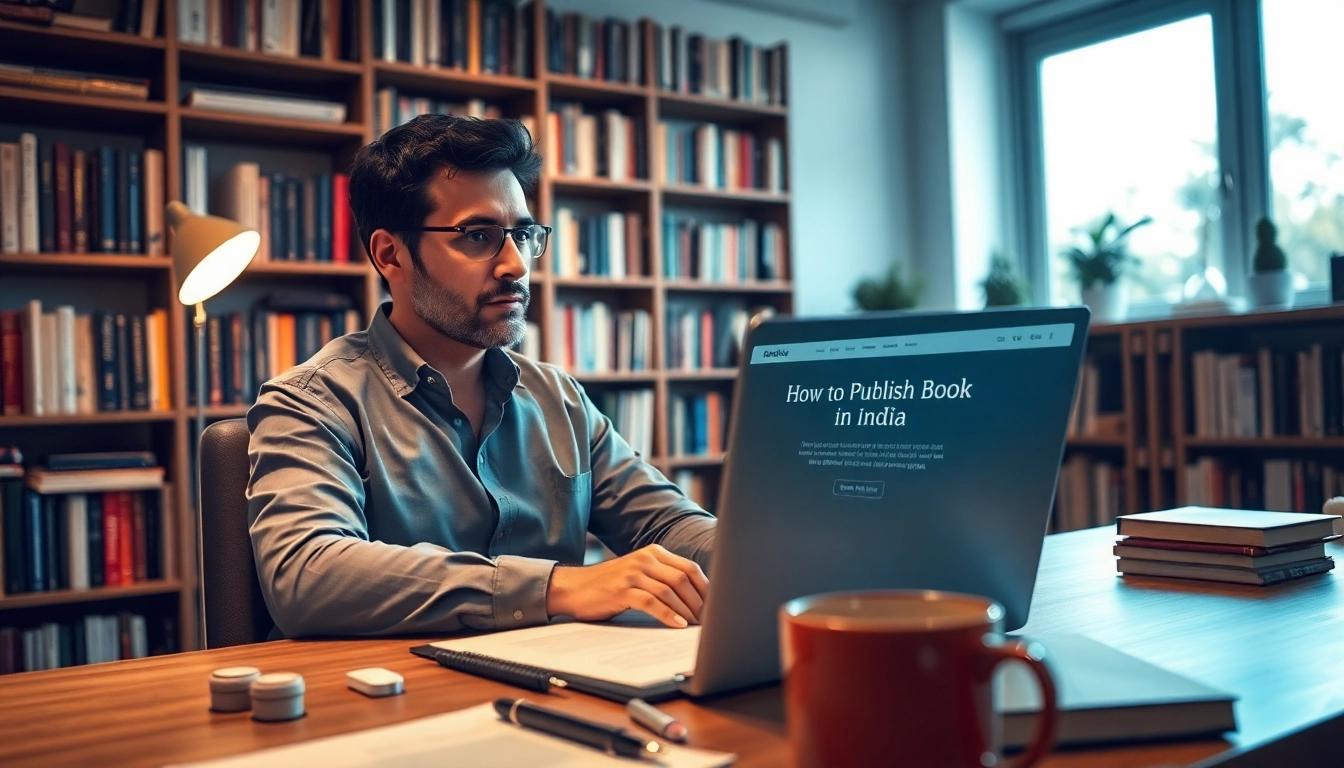 Author at a desk researching how to publish book in india with a laptop, notes, and books around