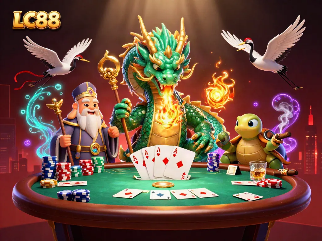 Experience thrilling poker gameplay with LC88's dynamic 3D casino scene featuring a jade dragon and more.