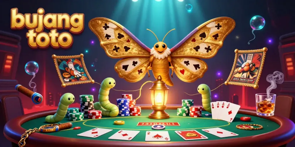 Bujang toto showcases a lively casino scene with a majestic atlas moth and vibrant poker elements, emphasizing gaming excitement.