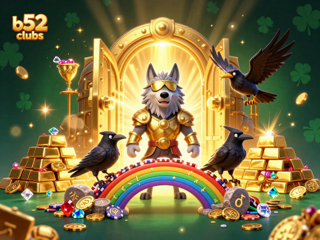 Engage at b52clubs with a vivid 3D illustration of Odin, his ravens, and a vibrant casino theme.