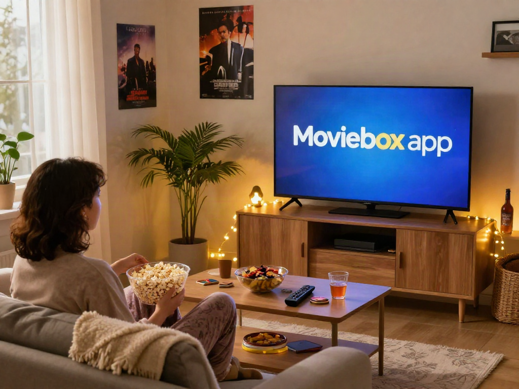 Enjoy a cozy movie night with Moviebox apk streaming experience in a stylish living room.