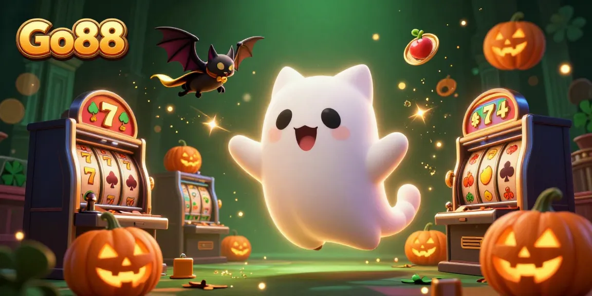 Play thrilling games at Go88 with a cartoon ghost cat and vampire bat in an enchanting casino atmosphere.