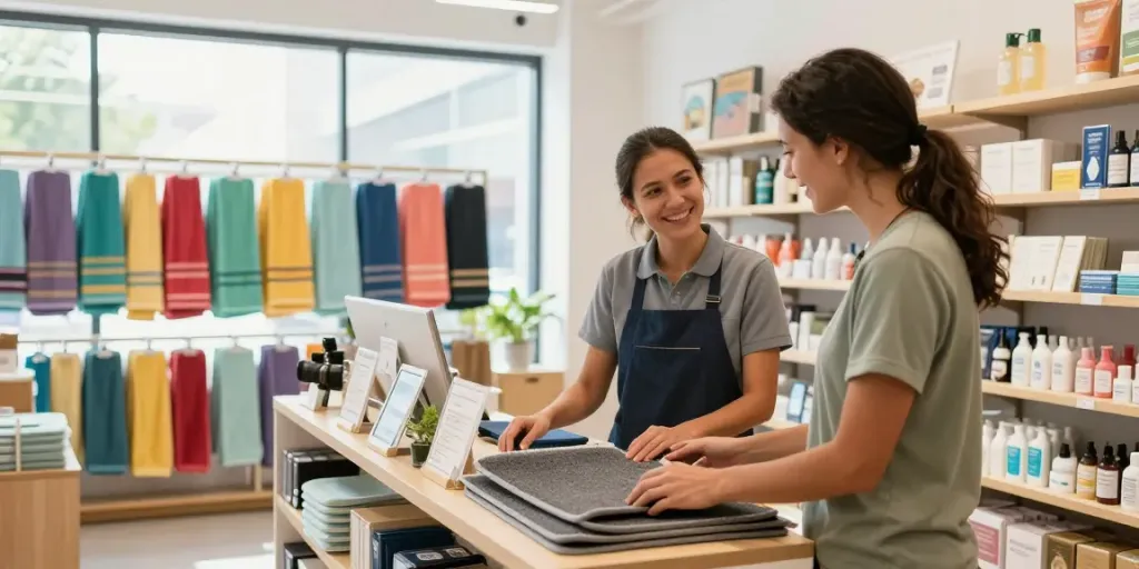Shopsmart customer exploring eco-friendly products in a vibrant retail space