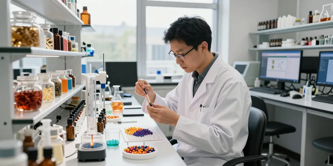 Fragrance Beads Manufacturer blending essential oils in modern lab surrounded by vibrant fragrance ingredients.