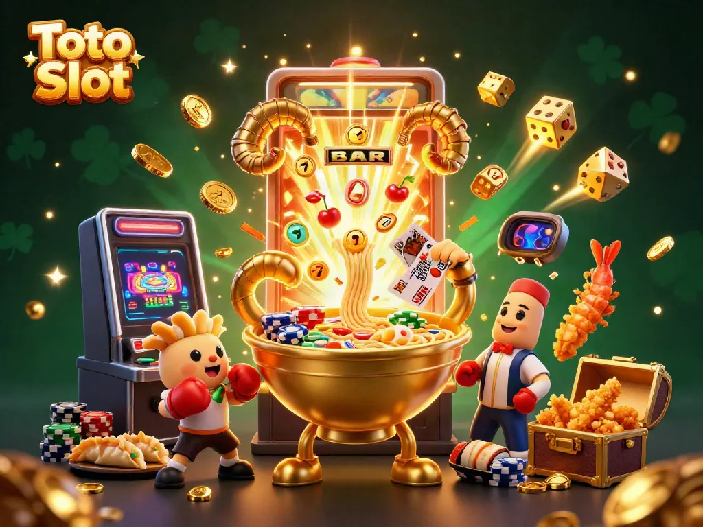 Menangkan Toto Slot dengan ilustrasi ceria karakter unik dan mesin slot di kasino.