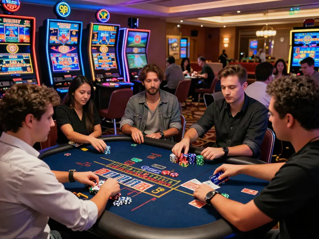 Players at a vibrant casino scene, engaging in games and using amex casinos for deposits.