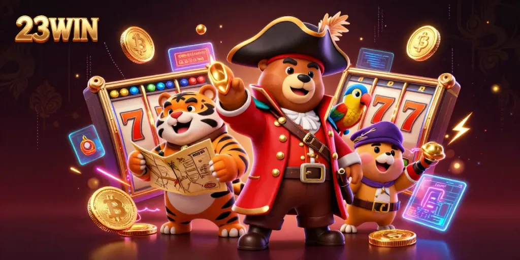 Spin and win with 23WIN at this vibrant casino showdown featuring exciting slot elements and dynamic characters.