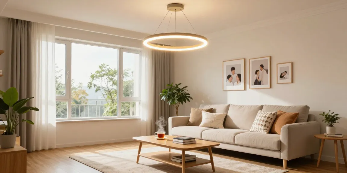 Lustra living modernă iluminând un living confortabil și primitor.