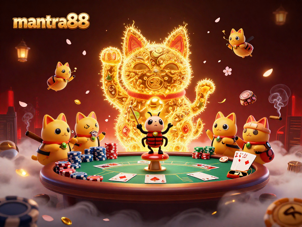 Experience mantra88's thrilling gaming world with a giant lucky cat and poker excitement.