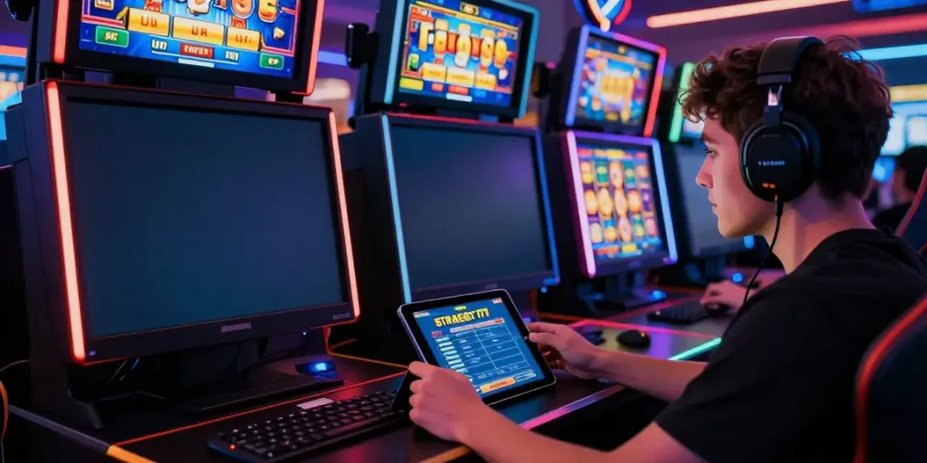 Permainan slot777 yang seru dengan pemain terlibat penuh di layar besar.
