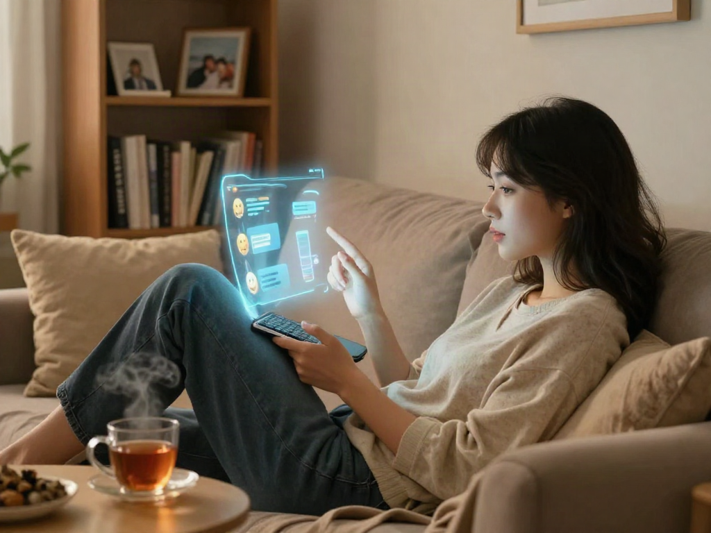 Engaging with girlfriend AI in a cozy living room, creating a warm and inviting atmosphere.