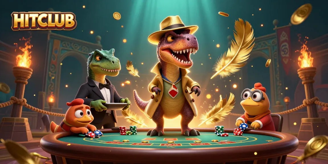Experience the thrilling HITCLUB environment where a velociraptor engages in blackjack amidst vibrant casino elements.