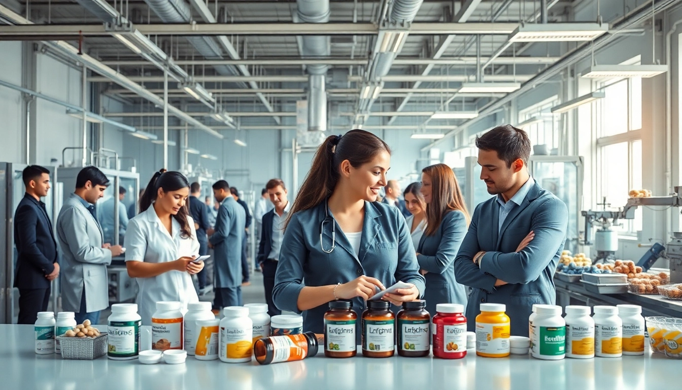 Private Label Supplement Manufacturer team collaborating in a modern facility with vibrant supplements.