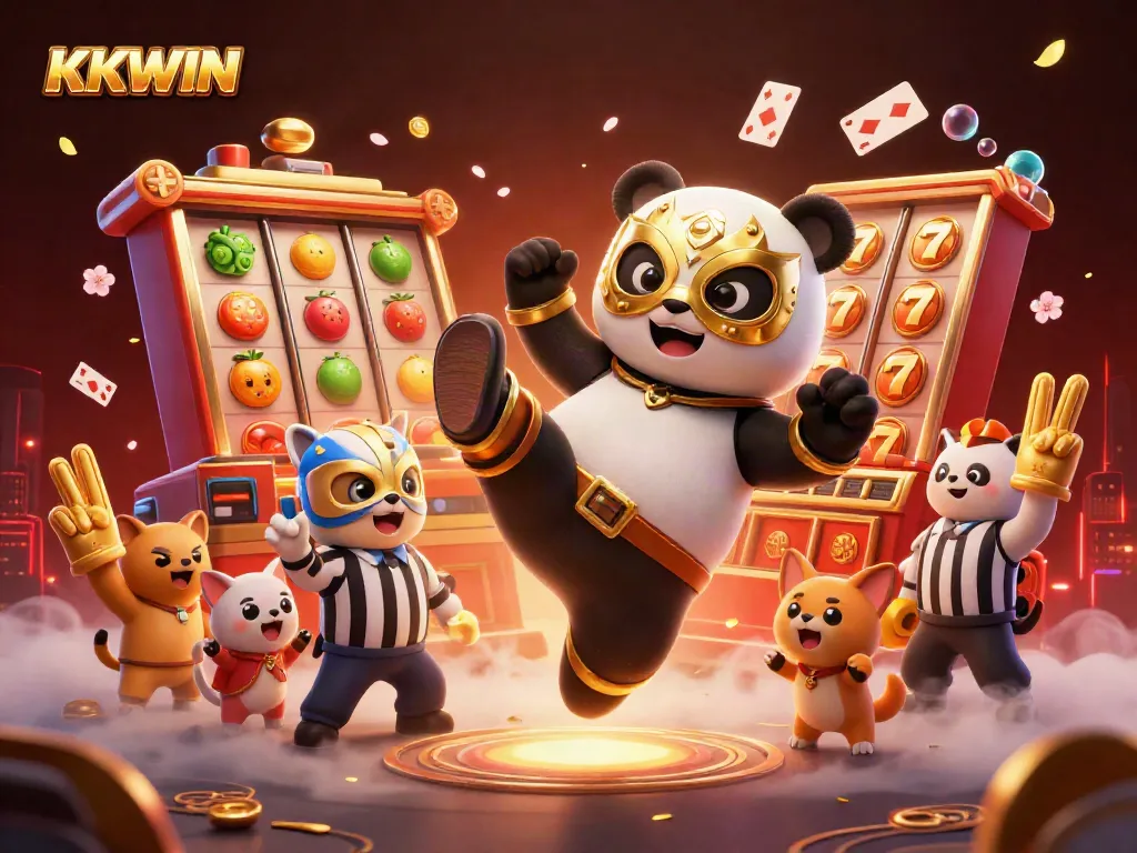 Win big with KKWIN as the panda wrestler kicks through exciting slot reels and cheering fans!