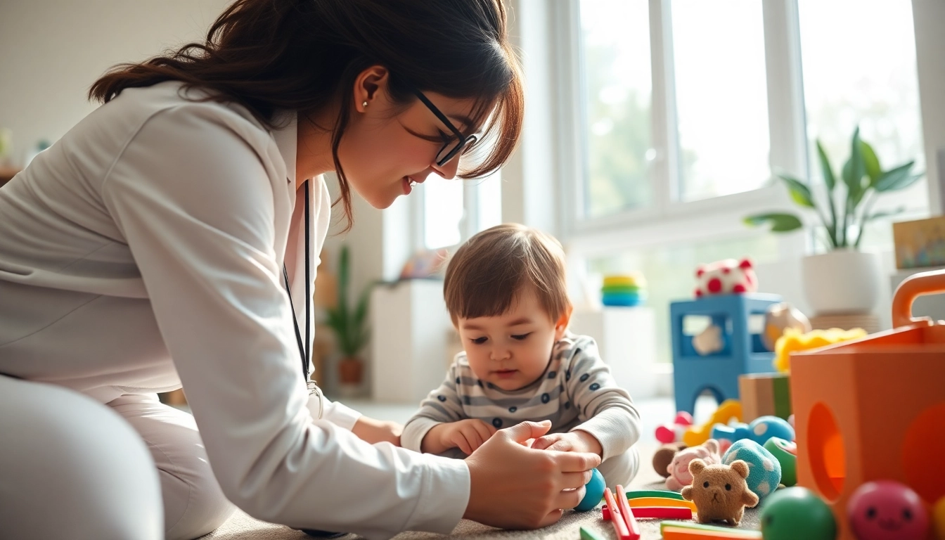 Illustrating ABA services, a therapist interacts with a child in a colorful therapy setting.